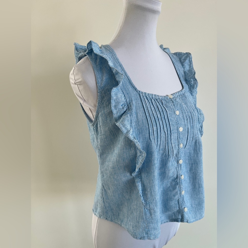 GENTLE FAWN Sylvie Sleeveless Delicate Ruffle Top Pintuck Striped Linen Blend